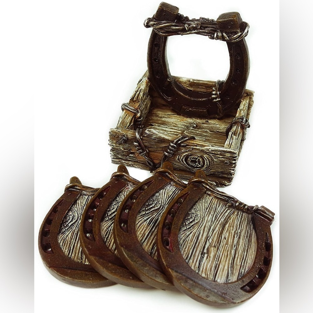 Horseshoe Coaster Set with Holder Collectible Wood Look - Picture 9 of 12